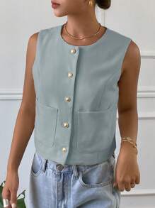 DAZY Women Solid Color Round Neck Sleeveless Fitted Casual Elegant Jacket, Summer,Fall Clothes - Baby Blue - View 4