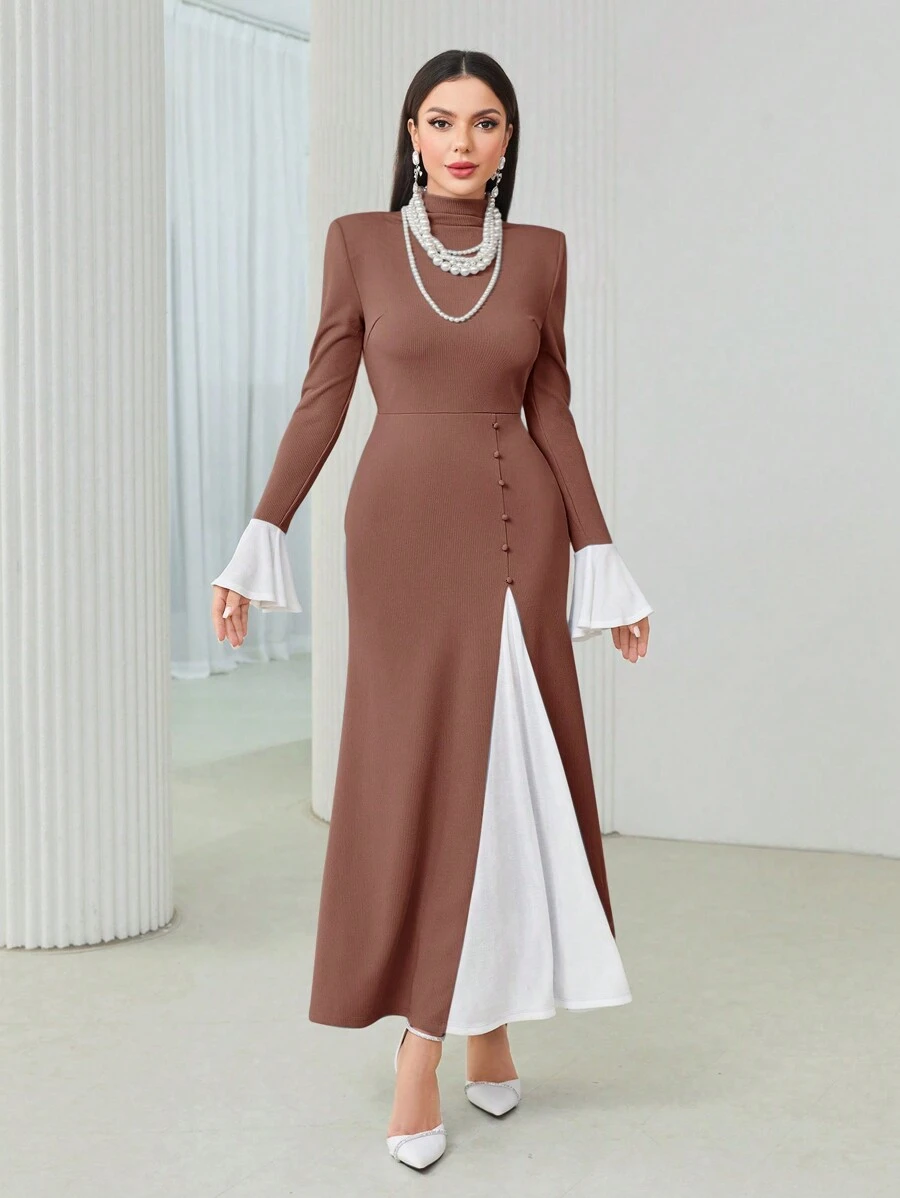 Modelyn 女士休闲优雅拼色高领收腰鱼尾下摆朴素长袖连衣裙,秋季长款晚礼服 - 藕粉色 - 查看 1