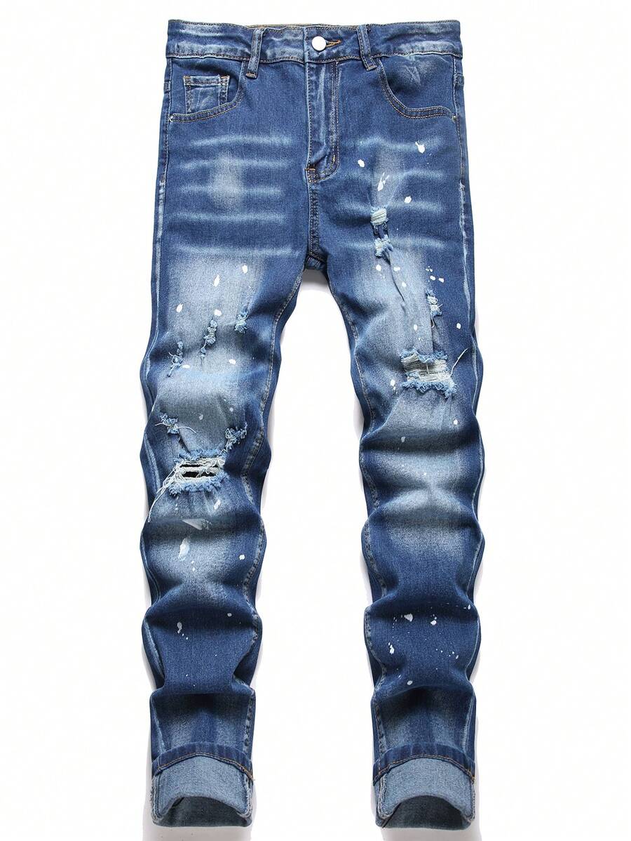 Manfinity LEGND Men's Casual Washed Distressed Slim Fit Jeans - Medium Wash - View 1