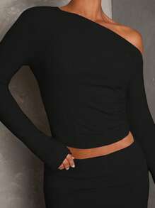 SHEIN BAE Conjunto de dos piezas de ropa de mujer para invierno y otoño, con parte superior hombros descubiertos y falda, conjunto de ropa para concierto de mujeres