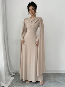 女士优雅迷人派对长袖圆领束腰网眼披肩纯色长裙 - 卡其色 - 查看 4