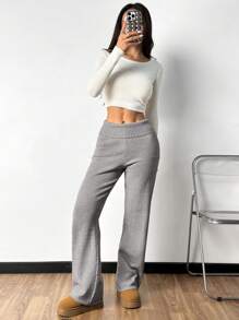 SHEIN EZwear 纯色高腰喇叭下摆针织阔腿裤，休闲风，秋冬 - 灰色 - 查看 6