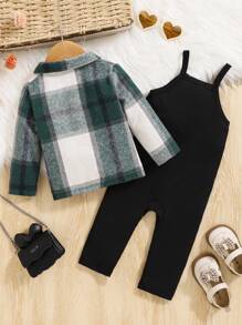 2pcs Baby Girl Retro Plaid Romper Set, Sporty & Casual Outfit, Suitable For Autumn