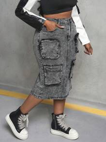 Slaydiva 大码女式牛仔裙弹力工装直筒中长裙灰色裙子 Y2K 裙子街头时尚服装 - 黑色 - 查看 3