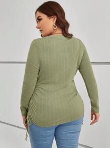SHEIN Essnce Plus Size Solid Color Round Neck Two Side Ruched Drawstring Long Sleeve T-Shirt