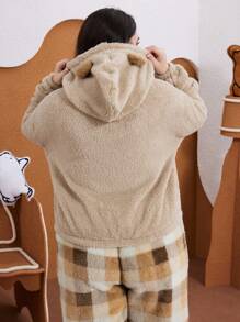 We Bare Bears X SHEIN Bộ đồ ngủ tay dài cổ tròn thêu hình gấu nâu dễ thương vui nhộn ấm áp cỡ lớn, rộng rãi, có tai gấu bông & quần tua rua, mùa thu/đông - Nhiều màu - Xem 2
