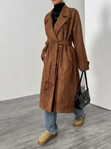 SHEIN EZwear 女式咖啡色立领长袖长款休闲麂皮风衣，秋季 - 咖啡棕 - 查看 5