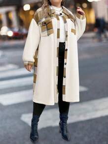 SHEIN CURVE+ Veste longue manches avec poche, simple patchwork avec bouton devant, grande taille, port décontracté de tous les jours