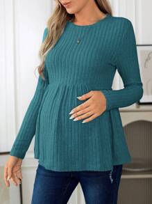 SHEIN 孕妇休闲纯色圆领罗纹针织长袖 T 恤，秋季，孕妇装 - 藍色 - 查看 4