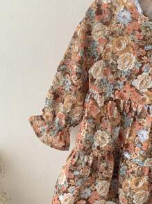 SHEIN LMoss Kids LMoss 女婴复古花卉印花长袖连衣裙，秋冬