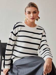 MOTF STRIPED PATTERN DROP SHOULDER OVERSIZE BUTTON DETAIL SWEATER WITHOUT BELT