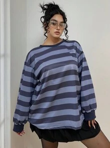Flirla Plus Size Round Neck Long Sleeve Striped Casual Sweatshirt Graduation,Back To School Outfits,Graduation,Teacher Outfits For Women,Back To School - Purple - View 7