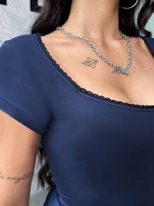 SHEIN EZwear Maglietta casual aderente semplice a maniche corte con collo a giro in tinta unita di moda per donna