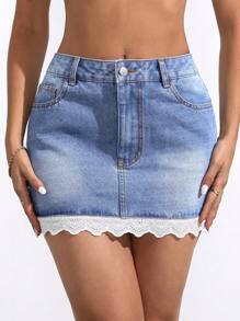 Women's Pockets Patchwork Embroidery Scalloped Hem Bodycon Denim Skirt - Blue - View 6