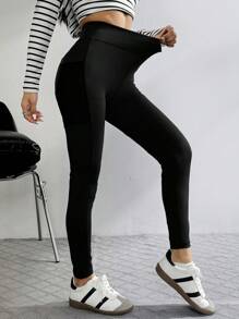 SHEIN EZwear 女士休闲运动纯色高腰侧手机口袋紧身裤 - 黑色 - 查看 4