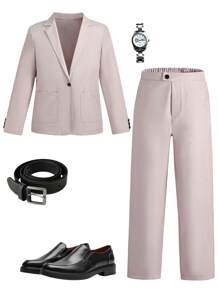 2pcs Teens/Youth Plain Front Button Up Long Sleeve Top With Pocket & Long Pants, Gentlemanly Outfit - Beige - View 1