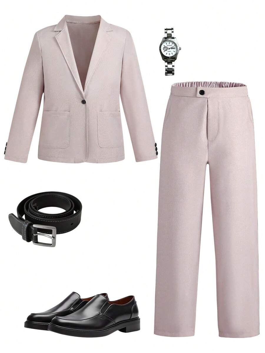 2pcs Teens/Youth Plain Front Button Up Long Sleeve Top With Pocket & Long Pants, Gentlemanly Outfit - Beige - View 1