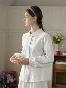 Simple Retro Women Queen Collar Embroidery Casual Shirt - White - View 5