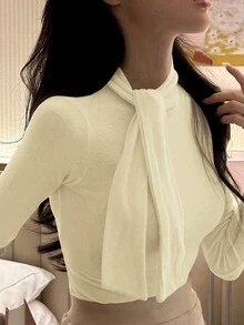 DAZY Áo thun cổ cao thắt nơ cho nữ - Kem - Xem 3