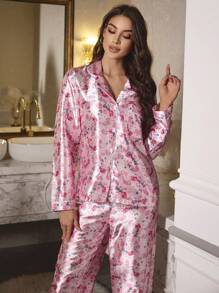 Floral Print Satin Pajama Set: Long Sleeve Button Front Top And Pants - Pink - View 2