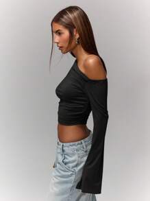 MUSERA Áo croptop tay dài nhún bèo, áo kiểu lệch vai, áo đi nghỉ mát, áo đi chơi, áo dự tiệc, áo mùa xuân hè, áo lễ hội phong cách Boho. - màu đen - Xem 3
