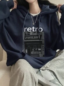 DAZY 女士连帽字母印花宽松口袋抓绒卫衣，长袖上衣，秋季服装，冬季