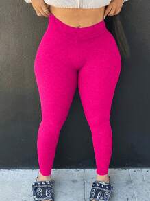 Plus Size Casual Solid Color Elastic Waist Leggings Spring - Hot Pink - View 1