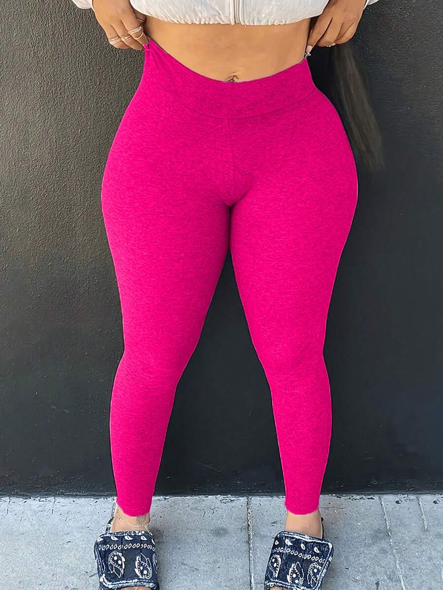 Plus Size Casual Solid Color Elastic Waist Leggings Spring - Hot Pink - View 1