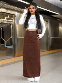 SHEIN Unity 女士口袋侧直腿休闲牛仔半身裙 - 棕色 - 查看 7