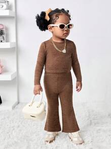 SHEIN Baby Girl Cute Brown Long Sleeve Top And Elastic Waist Flared Pants Set, Mommy And Me Matching Outfits (2 Sets Sold Separately) - Brown - View 6
