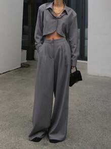 DAZY 2pcs/Set Women's Solid Color Shirt With Collar & Casual Long Pants