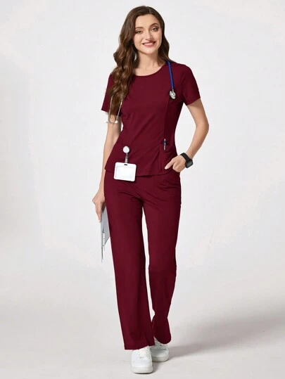 TaskEZ 勃艮第红色纯色圆领短袖上衣和裤子休闲制服套装
