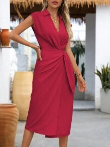 SHEIN Clasi 1 szt. Elegancka sukienka z wiązaniem w jednolitym kolorze, burgundowa, maxi, damska - Burgund - Zobacz 5