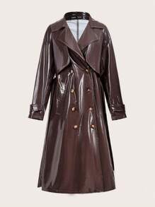 Slaydiva Women's Elegant Double-Breasted Glossy PU Trench Coat, Autumn