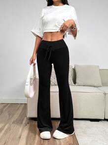 SHEIN EZwear Women's Black Velvet Flare Leg Pants