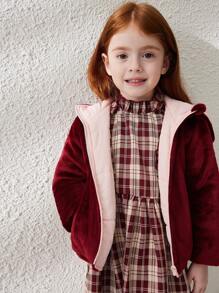 Blossori 年轻女孩法式优雅酒红色蓬松修身拉链连帽衫，秋冬 - 紅色 - 查看 6