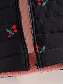 SHEIN 年轻女孩长袖樱桃印花连帽夹克，带保暖内衬，罗纹袖口，黑色，冬季保暖长款年轻女孩外套 - 黑色 - 查看 5