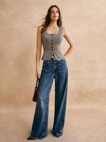 Poéselle 法国复古法式短背心，休闲女式上衣，棕色背心，经典方领，百搭时尚，FW24