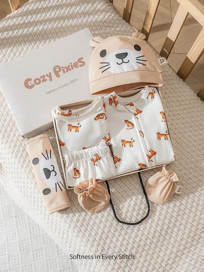 Cozy Pixies 7st/set Newborn Baby Boy Romper, byxor, mössa, handskar, haklappsoutfitset