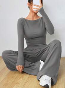 SHEIN EZwear 1 套女士灰色休闲针织修身长袖上衣和裤子套装 - 灰色 - 查看 6