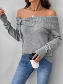 SHEIN Unity Women Casual Solid Color Off-Shoulder Sweater, Autumn, Knit Pullover Fall Winter - Grey - View 3
