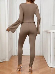 SHEIN 2pcs/Set Maternity Casual Solid Button Front Hem Top And Adjustable Waist Pants Set, For Autumn - Coffee Brown - View 2