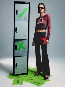 SHEIN Unity Red Star Patch Stretchy Fitted Flare Trousers Fall Cloth For Women - Black - View 6