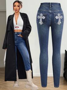 SHEIN EZwear Jeans de pierna ancha con lavado, moda gótica Y2K de los 90, con bordado de cruz impreso para mujer