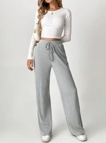 SHEIN Tall Pantalones de pierna ancha con nudo frontal de punto acanalado