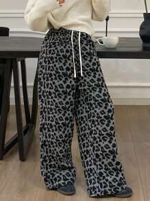 DAZY Pantalones sueltos con cintura con cordón y forro térmico con estampado de leopardo/guepardo, ropa de otoño para mujer