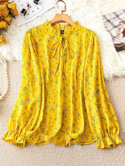 DreamSkyne Plus Size Women's Vacation Style Loose Fit Long Sleeve Shirt With Frilly Edges, Printed Floral Pattern, And Tie-Up Collar Fall Cloth For Women