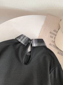 SHEIN Young Girl Plaid Collar Sweatshirt + Plaid Skirt 2pcs/Set For Spring And Autumn - Black - View 5