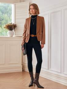 Chiquease Women Solid Color Shawl Neck Long Sleeve Faux Pockets Casual PU Leather Regular Jacket Fall Cloth For Women