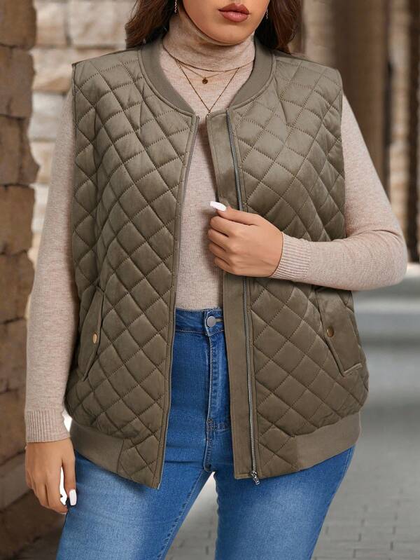 EMERY ROSE Plus Size Solid Color Zip Pockets Padded Vest Outerwear,Winter Coat, Autumn&Winter Women Clothes